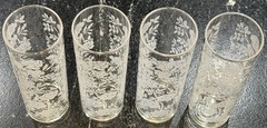 Set Of 4 Vintage Libbey MCM Highball / Collins Glasses White Roses & Leaves 7″