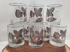 Vintage Libbey Platinum Leaves/Silver Foliage Lowball Glasses Set Of 8