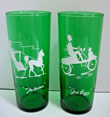 2 VTG. Anchor Hocking «The Hansom» & » Gas Buggy» Green Drinking Glasses 16 oz.