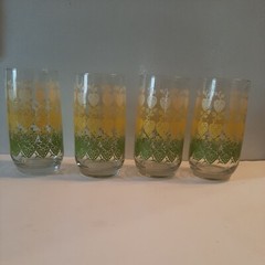 Set of 4 Retro Flowers and Hearts MCM Tumbler Glasses Yellow Green White