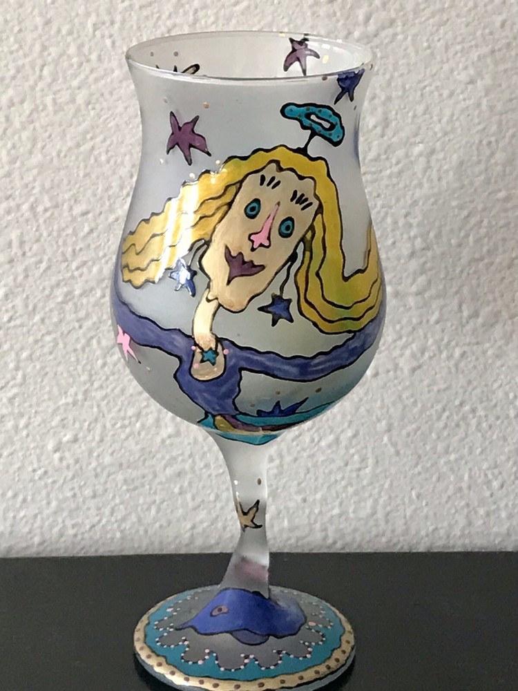 Vtg Libbey Frosted Goblet Wine Glass Z Stem Mark Chagall Style Hand Painted KAAK