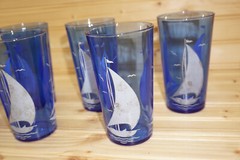Hazel Atlas Ships Blue w/Dirty White Sails (7) Flat Iced Tea Glasses, 4 7/8″ (B2