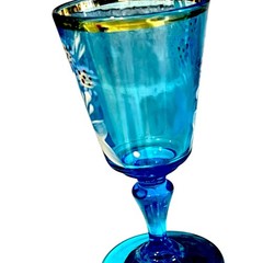 Vintage Blue Floral Etched Cordial Glass Gold Rim Stemmed Liqueur Goblet 4.5″