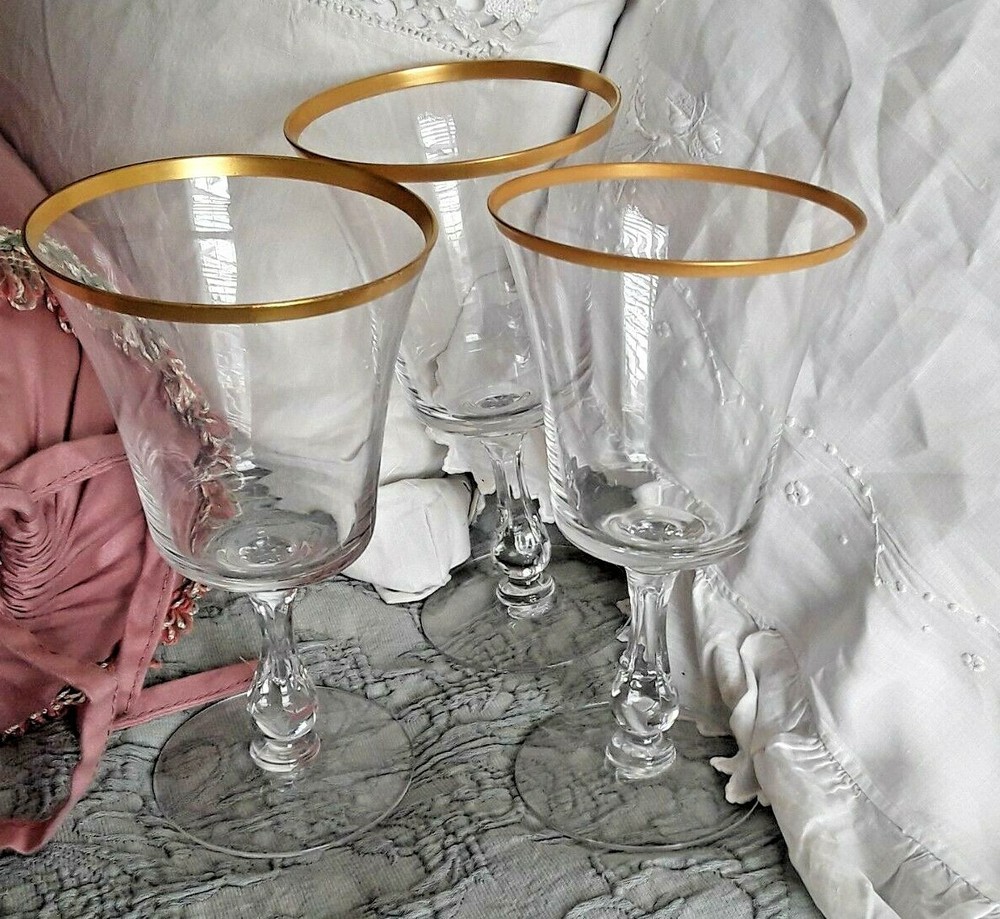 3 Three Fostoria Richmond water glasses goblets gold rim 6 3/4″