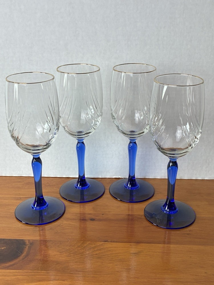 4 Lenox Goblets Cobalt Blue Stems Wine Glasses Art Deco Swag Drape Gold Rim