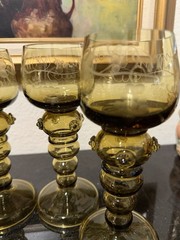 Set of 4 Roemer Wine Glasses Olive Green Glass Raspberry Prunts Studded Vintage