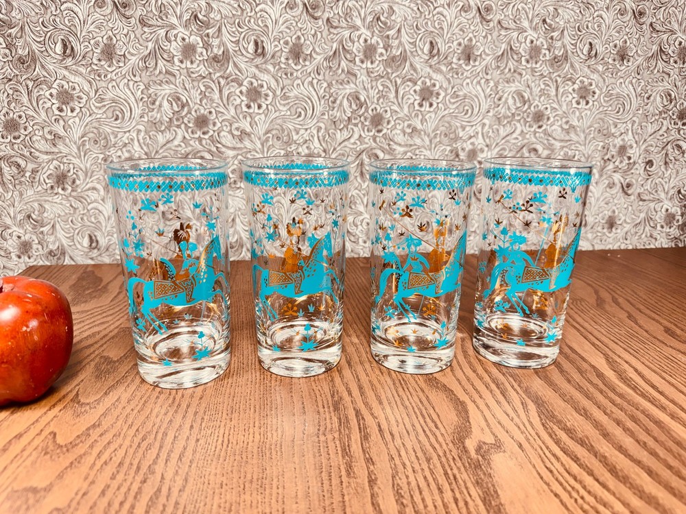 RARE Mid Century Cera Glasses Persian Women Horse MCM High Ball Culver Gold Blue