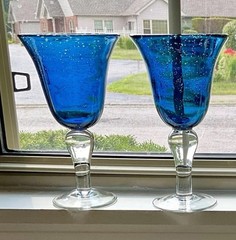 2-piece Set Artland Iris Slate Blue 8” Hand Blown Bubble Glass Goblets EXCLNT