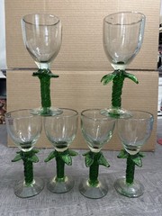 Hand Blown Art Glass Palm Tree Stem Goblets Set of 6 Green Tropical Vintage
