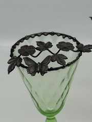 Set Of 2 Uranium Glass Stemware Wine Glasses With A Pewter Overlay On The Rim