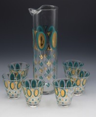 FRED PRESS MID CENTURY 22K GOLD TURQUOISE COCKTAIL CADDY SET ORIG HOLDER 8 PCS