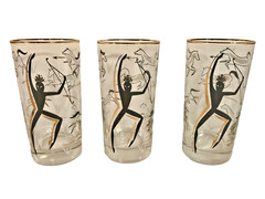 Set of 8 Vintage MCM Glass Tumblers Black & Gold Tribal Hunter Dancer and Horses