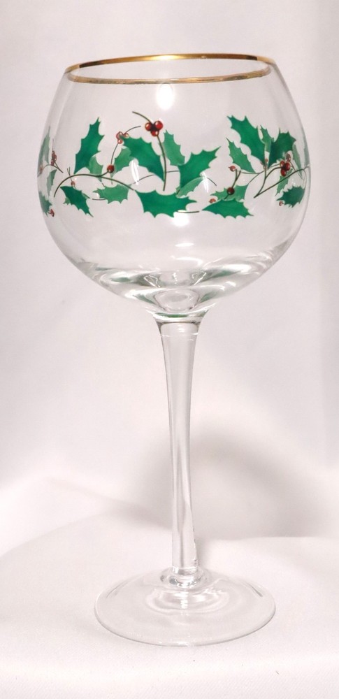 Set of 4 – Lenox Christmas Wine Glasses Holiday Balloon Holly Berry Design 12 Oz