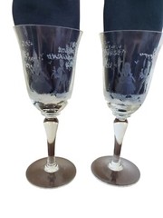 Vintage Etched Victorian Water Goblet Wine Glass Pair Romantic Couple Fountain