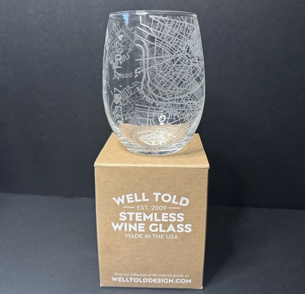 BOSTON Map WELL TOLD Etched Stemless Wine Glass 12oz Collectible Gift New USA