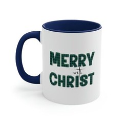 Two-tone Accent Ceramic Mug 11oz – Merry with Christ – Green Plaid Christmas Hol