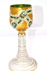 Antique Moser Green Glass Bowl White Lace Gild Roemer/Wine 1850-90 Rare Pattern