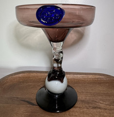 Hand blown margarita, gl Glass w/ Blue Applied Medallion, Black/White Swirl Stem