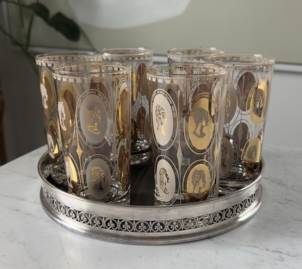 6 MCM HIGHBALL COCTAIL GLASSES GOLD COURTESAN FEMALE PORTRAITS & FORMICA TRAY.