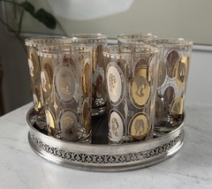 6 MCM HIGHBALL COCTAIL GLASSES GOLD COURTESAN FEMALE PORTRAITS & FORMICA TRAY.