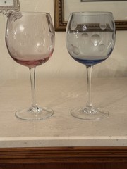 2 WATERFORD MARQUIS CRYSTAL POLKA DOT BALLOON WINE GLASSES PINK & BLUE