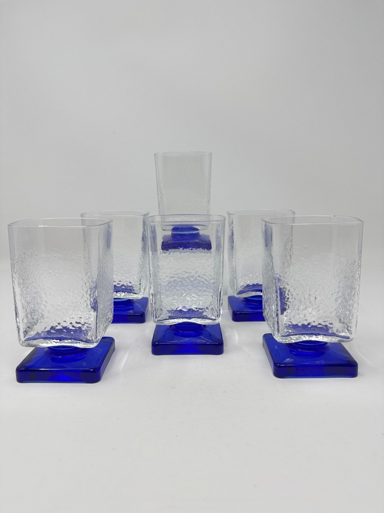 6 Vtg DiSaronno Cobalt Blue Square Textured Italian Pedestal Glass Liquer Juice
