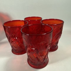 Vintage Mosser Glass Ruby Red Inverted Thistle 5-Piece Set Pitcher & 4 Tumblers