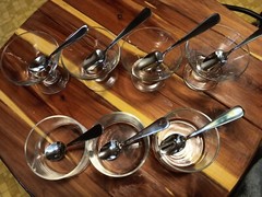 7 Glass Dessert Cups, 4 Libbey Flare Pedestal And 3 Small Cups and 7 spoons