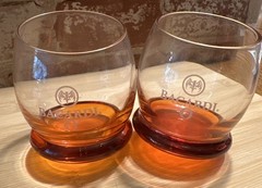 Set Of 2 Bicardi O Orange Curved Bottom Roly Poly Glasses Mouth Blown