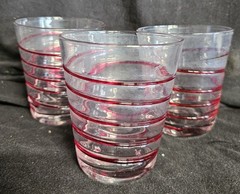 Vintage Murano Style Art Glass Rocks Glasses Set of 3 Red Swirl Threaded 10oz