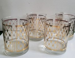Set of 4 Georges Briard Double Old Fashioned Glass Gold Lattice Diamond Pattern