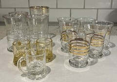 Lot Of 13 MCM Barware Glasses- 6 Cordial Liquor Glasses W/Gold Rim +7 Read