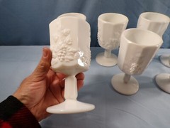 Set of 7 Westmoreland Milk Glass Paneled Grape Water Goblets