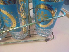 8 Vintage MCM High Ball Tumbler Glass Turquoise Blue Gold 5 5/8″ with caddy