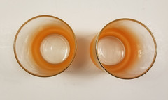 Vintage 50s 60s Blendo Frosted Ombre Orange Pitcher and 2 Glasses w/ Gold Rims