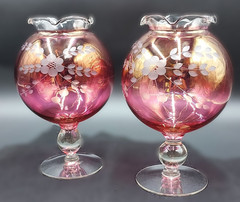 Vintage Etched Cranberry Glass Flower Goblets Vases with Iridescent Gold Overlay