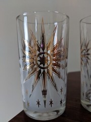 Vintage MCM Juice Glasses Gold Frosted Atomic Star Burst Sun Stars