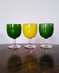 Vintage MCM Frosted Thumbprint Goblets-Set of 3 ~ 2 Green, 1 Yellow w/Gold Rim