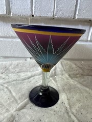 Unmarked Art Glass Cactus Martini Glass Purple Blue Yellow Decorative 7″