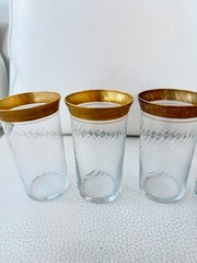 SET OF 6 VINTAGE CLEAR GLASS CUPS GOLD GILT RIM FLORAL SCROLL BARWARE