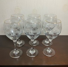 Vintage 80s Libbey Winter White Pine Trees Snow 6 Wine Glasses Gold Trim