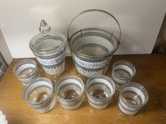 MCM 1950s Corinthian Hellenic Grecian Blue Jeanette Glass Barware Set 9-pc Set