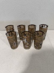 7 Vintage MCM Cera 22K Gold Old World Map Highball Cocktail Glasses 1960’s EUC