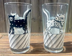 Pair Vintage Polka Dot Black White Cats Tumblers Glasses Highball
