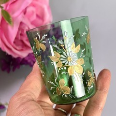 Antique Moser Type Tumbler Gold Leaves Scrolls 19thC 2.75”H Bohemia