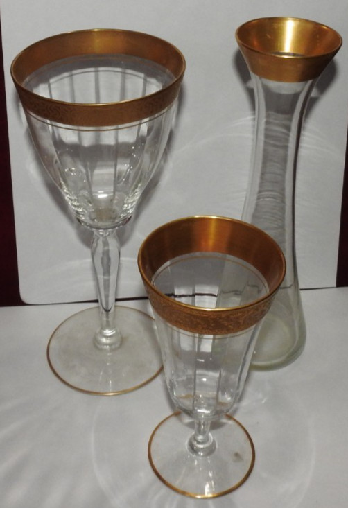 Vintage Tiffin Franciscan Minton Optic Gold 7″ Encrusted Glass 8″ Vase &5″ Glass