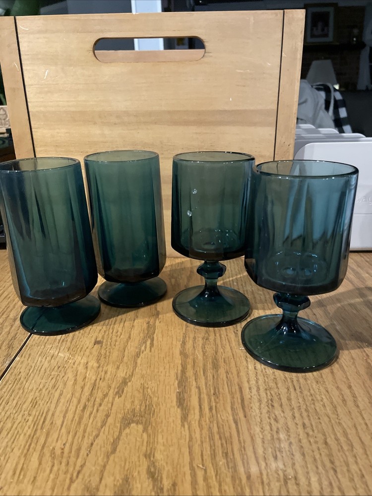 Vintage Colony Nouveau Riviera Blue Teal Water Glass Set 4 octagonal mcm