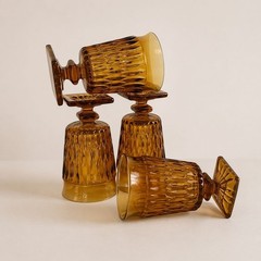 Indiana Glass Amber Pedestal Goblets Set 4 VTG Moody Mt Vernon Diamond Point MCM