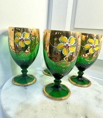 VINTAGE CZECH BOHEMIAN EGERMANN GOLD ENAMEL GREEN ART GLASS GOBLETS