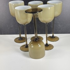 Set 6 Carlo Moretti Tall Long Stem Wine Glasses Cased Glass Tan Taupe White 9″